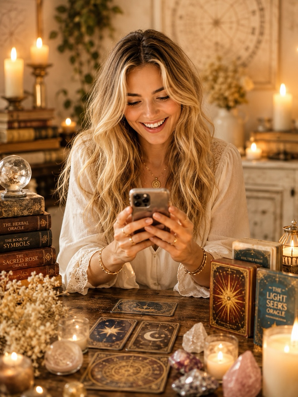 Deck Garden — a golden rose with a fan of oracle and tarot decks